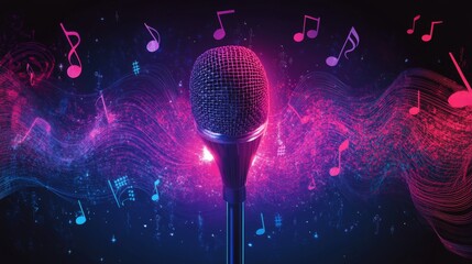 Fototapete - A creative representation of a microphone surrounded by sound waves and musical notes, visually illustrating the art of sound and music creation