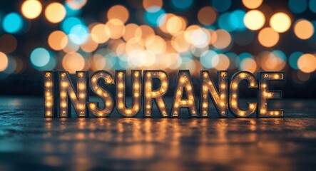 Wall Mural - insurance lettering on blurred lights bokeh background