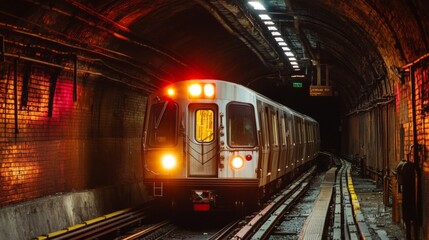 Poster - A dramatic shot of a subway train entering a dimly lit tunnel, with bright headlights illuminating the dark passageway, creating a sense of motion and excitement.