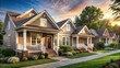 © VisualVault - Golden Hour on a Suburban Street Charming Row of Houses with Lush Landscaping and Walkway