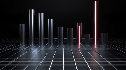 Poster - A dynamic D bar graph on a black background, with sleek metal bars, a glowing grid, and a futuristic feel, perfect for illustrating progress or trends.