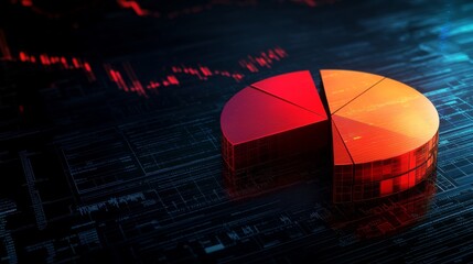 Poster - A dynamic financial pie chart with segmented slices, showing investment portfolio allocation, overlaid on a digital background filled with stock market trends.