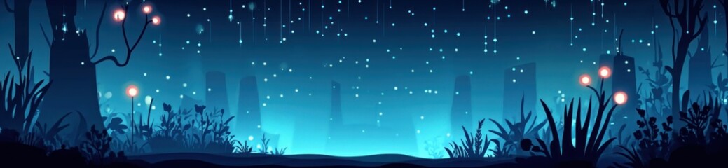 Wall Mural - enchanting night scene with glowing plants and a city in the distance.