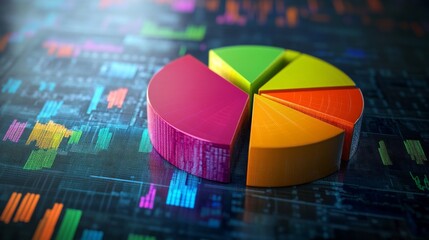 Wall Mural - A dynamic financial pie chart with segmented slices, showing investment portfolio allocation, overlaid on a digital background filled with stock market trends.