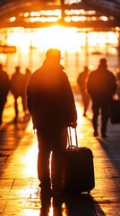 Silhouette of a traveler with luggage at a train station during sunset.