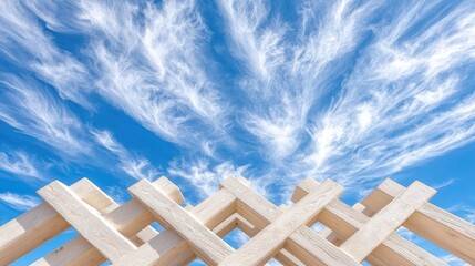 Wall Mural - Wooden structure against blue sky, wispy clouds.  Architectural design