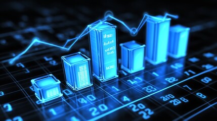 Poster - A high-tech D bar graph with glowing blue bars and digital numbers floating around them, symbolizing complex financial data and analysis.