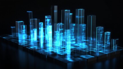 Poster - A high-tech D bar graph with glowing blue bars and digital numbers floating around them, symbolizing complex financial data and analysis.