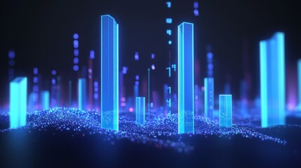 Poster - A high-tech D bar graph with glowing blue bars and digital numbers floating around them, symbolizing complex financial data and analysis.