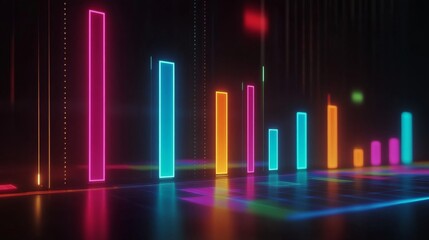 Poster - A high-tech bar chart featuring glowing neon bars, representing financial trends, set against a dark backdrop with floating data labels and percentage points.