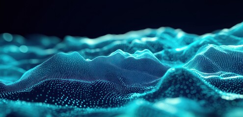 Poster - abstract teal digital landscape; glowing particle wave pattern.
