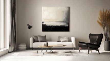Poster - A minimalist living room design featuring a neutral color palette, sleek furniture, and a striking piece of artwork on the wall, creating a serene and stylish space.