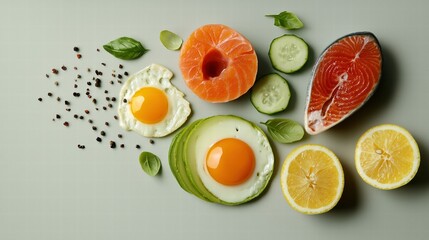 Fototapete - Fresh Ingredients for Healthy Cooking with Salmon and Vegetables