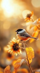 Sticker - Small bird perched on sunflower at sunset.