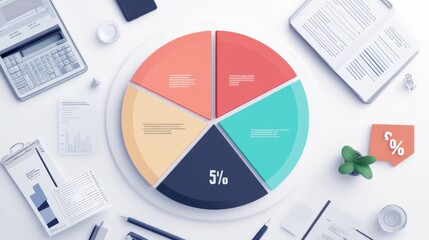 Poster - A pie chart displaying personal finance data, with different sections for savings, expenses, and investments, accompanied by labels and percentages on a sleek white background.