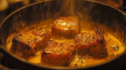 Wall Mural - A rustic image of slow-cooked pork belly in a savory sauce, bubbling in a cast-iron pot, showcasing the rich flavors and tender texture of the dish