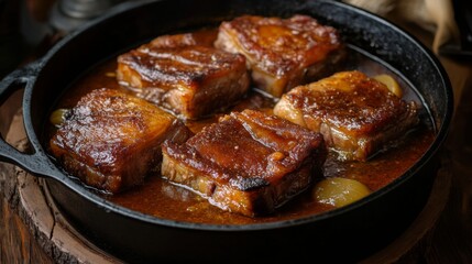 Wall Mural - A rustic image of slow-cooked pork belly in a savory sauce, bubbling in a cast-iron pot, showcasing the rich flavors and tender texture of the dish