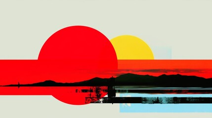 Wall Mural - Sunset landscape with red and yellow circles overlaying the silhouette of mountains and calm water.