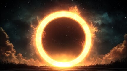 Poster - Fiery ring of light illuminates a dark, starlit sky.  A mystical and dramatic scene.