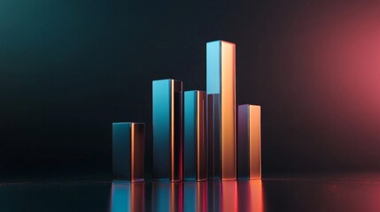 Fototapete - A sleek, futuristic D bar graph with metallic bars rising from a reflective surface, set against a dark gradient background, highlighting business growth.
