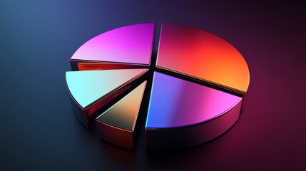 Poster - A sleek metallic D pie chart with separated slices, each segment reflecting light differently, set against a dark gradient background for a high-tech feel.