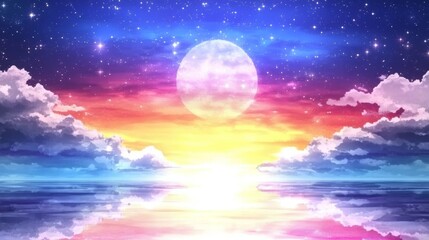 Wall Mural - Dreamy pastel sunset over a calm ocean, with a large full moon and starry sky. Serene and magical atmosphere.