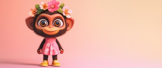 Canvas Print - Adorable cartoon chimp in pink dress and flower crown.