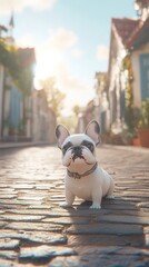 Sticker - Adorable French Bulldog sitting on a cobblestone street in a charming European village, bathed in warm sunlight.