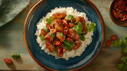 Wall Mural - A vibrant plate showcasing braised pork belly served with steamed rice, garnished with fresh cilantro and red chili slices, creating a delicious Thai-style dish