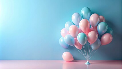 Wall Mural - Pastel Pink and Blue Balloons Cluster Against a Light Blue Wall