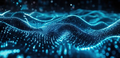 Poster - abstract blue glowing wave particles background.