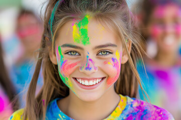 Young girl covered in Holi festival colors, smiling joyfully, radiating happiness, excitement, and cultural tradition in a bright, colorful festive background.