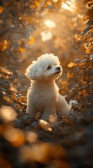 Wall Mural - Adorable fluffy white dog sitting amidst autumn leaves, bathed in warm sunlight.