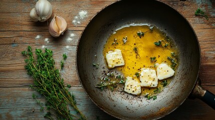 Fototapete - Butter melting in a hot pan, creating golden bubbles and a rich aroma, with herbs scattered around for a rustic cooking scene