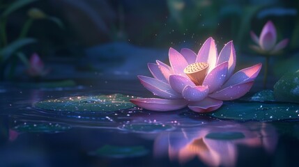 Poster - Close-up of a lotus flower with raindrops on its petals and leaves, surrounded by the reflective surface of a tranquil pond