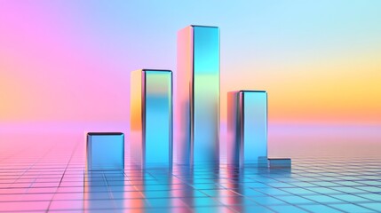 Fototapete - Colorful D bars rising from a digital grid floor, with subtle lighting and a gradient background to create a dynamic visual