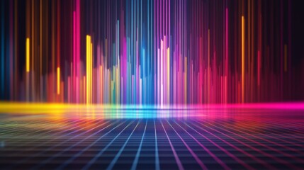 Fototapete - Colorful D bars rising from a digital grid floor, with subtle lighting and a gradient background to create a dynamic visual