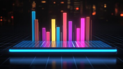 Poster - Dark-themed D bar chart with neon-colored bars and a digital grid base, capturing a futuristic data visualization aesthetic