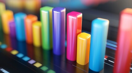Poster - Multi-colored D bar graph on a glossy surface, with each bar casting distinct shadows, giving a sharp, vibrant appearance
