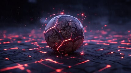 Wall Mural - Futuristic and cinematic scene of a glowing neon illuminated soccer ball in a high tech digital arena with a hexagonal textured court  The dynamic and surreal atmosphere creates a sense of energy