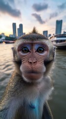 Poster - Close-up portrait of a monkey near a city river at sunset.