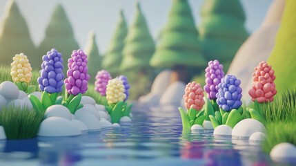 Wall Mural - Cartoon hyacinths bloom by a calm river in a sunny forest.