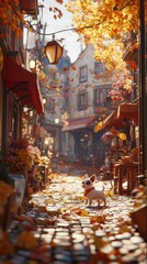 Wall Mural - Charming autumnal street scene with a small dog sitting on cobblestones, surrounded by vibrant fall foliage and quaint shops.