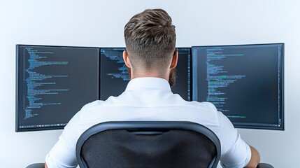 Person Working on Multiple Monitors with Lines of Code