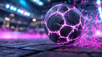 Wall Mural - Dramatic and dynamic scene of a soccer ball mid impact during a futuristic game surrounded by vivid neon lights and abstract digital elements in a professional stadium or arena setting