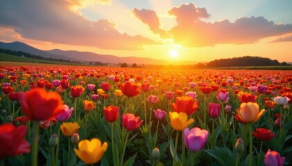 Wall Mural - Sunset background with a field of colorful flowers swaying gently, flowers, kalidoscope