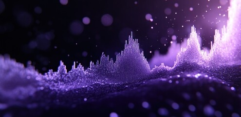 Poster - abstract purple 3d landscape with peaks and valleys, glowing particles.