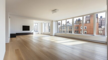 Poster - Sunlit empty modern apartment living room with hardwood floors and city view from large windows.