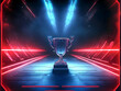 © Siasart Stock - Silver Trophy Stands on a Pedestal in a Neon-Lit Futuristic Corridor