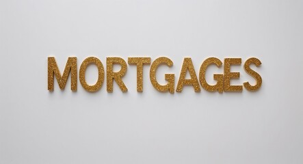 Poster - mortgages word lettering with glitter gold shining effect on plain white background